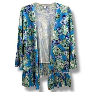 Chico's‎ Blue Yellow Shell Print Linen Blend Cardigan - 2 or L - Open Front